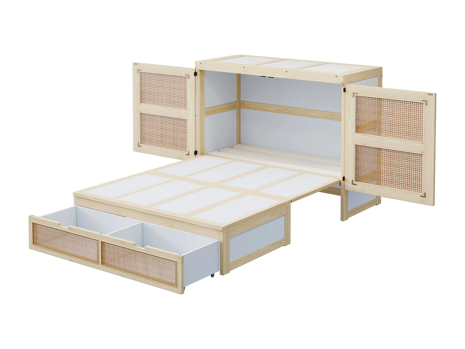 Letto a scomparsa 140x200 cm con rete a doghe e 2 cassetti - Naturale chiaro