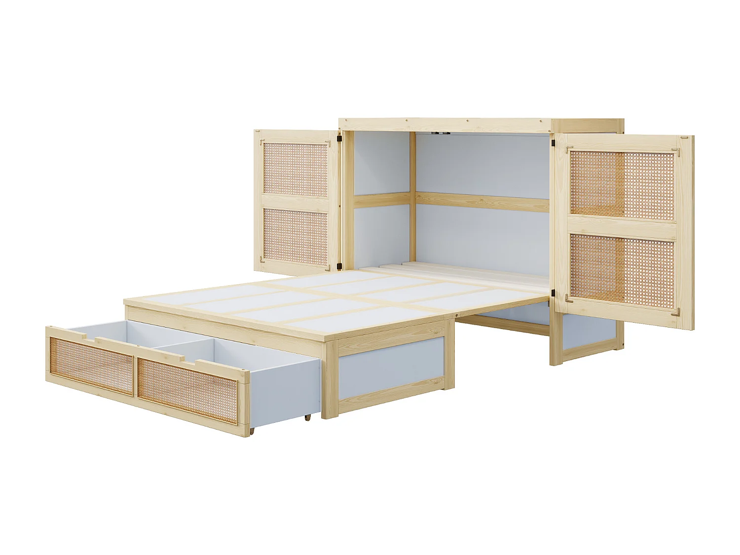 Letto a scomparsa 140x200 cm con rete a doghe e 2 cassetti - Naturale chiaro