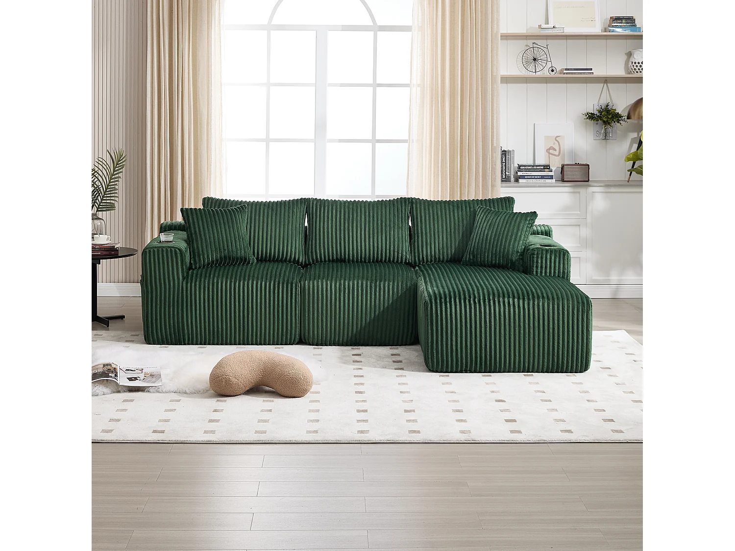 Sofá esquinero de 3 plazas con chaise longue y 5 cojines - Tejido pana - Verde esmeralda