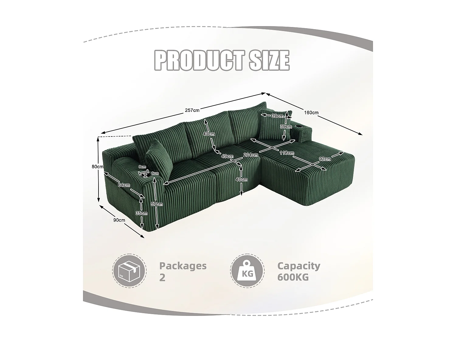 Sofá esquinero de 3 plazas con chaise longue y 5 cojines - Tejido pana - Verde esmeralda