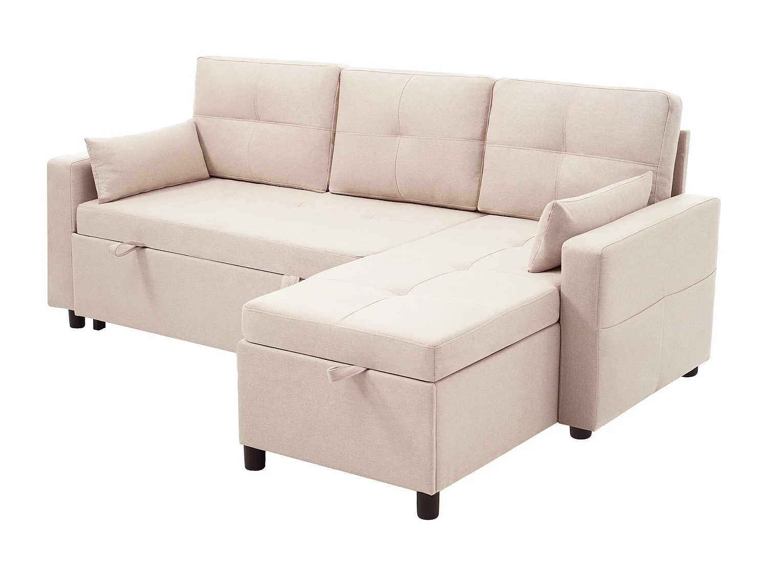 Canapé d’angle 3 places convertible en lin beige - Avec coffre rangements et porte-gobelets caché