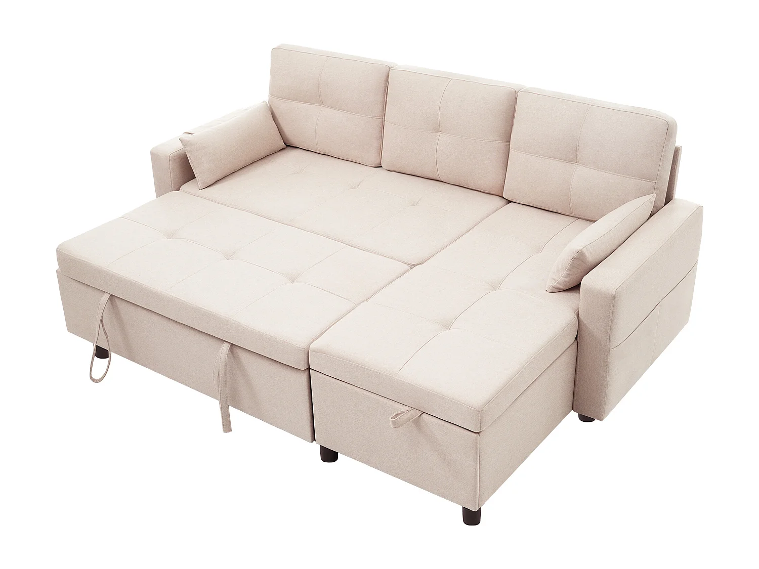 Canapé d’angle 3 places convertible en lin beige - Avec coffre rangements et porte-gobelets caché