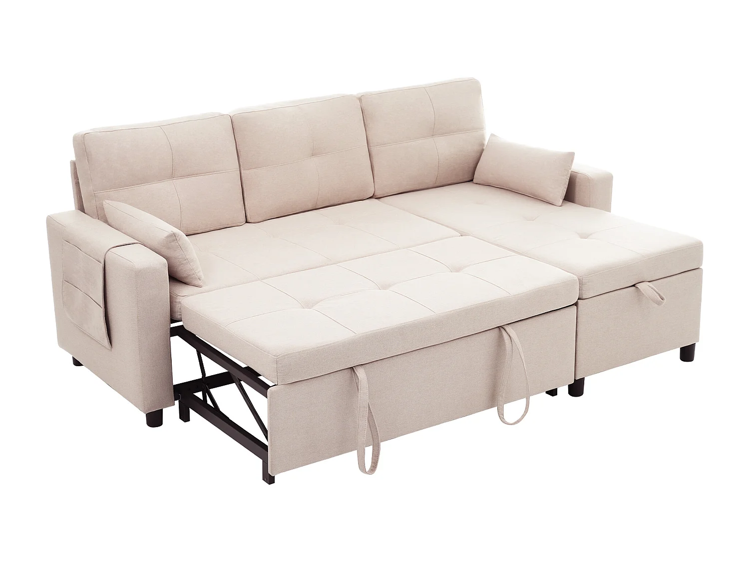 Canapé d’angle 3 places convertible en lin beige - Avec coffre rangements et porte-gobelets caché