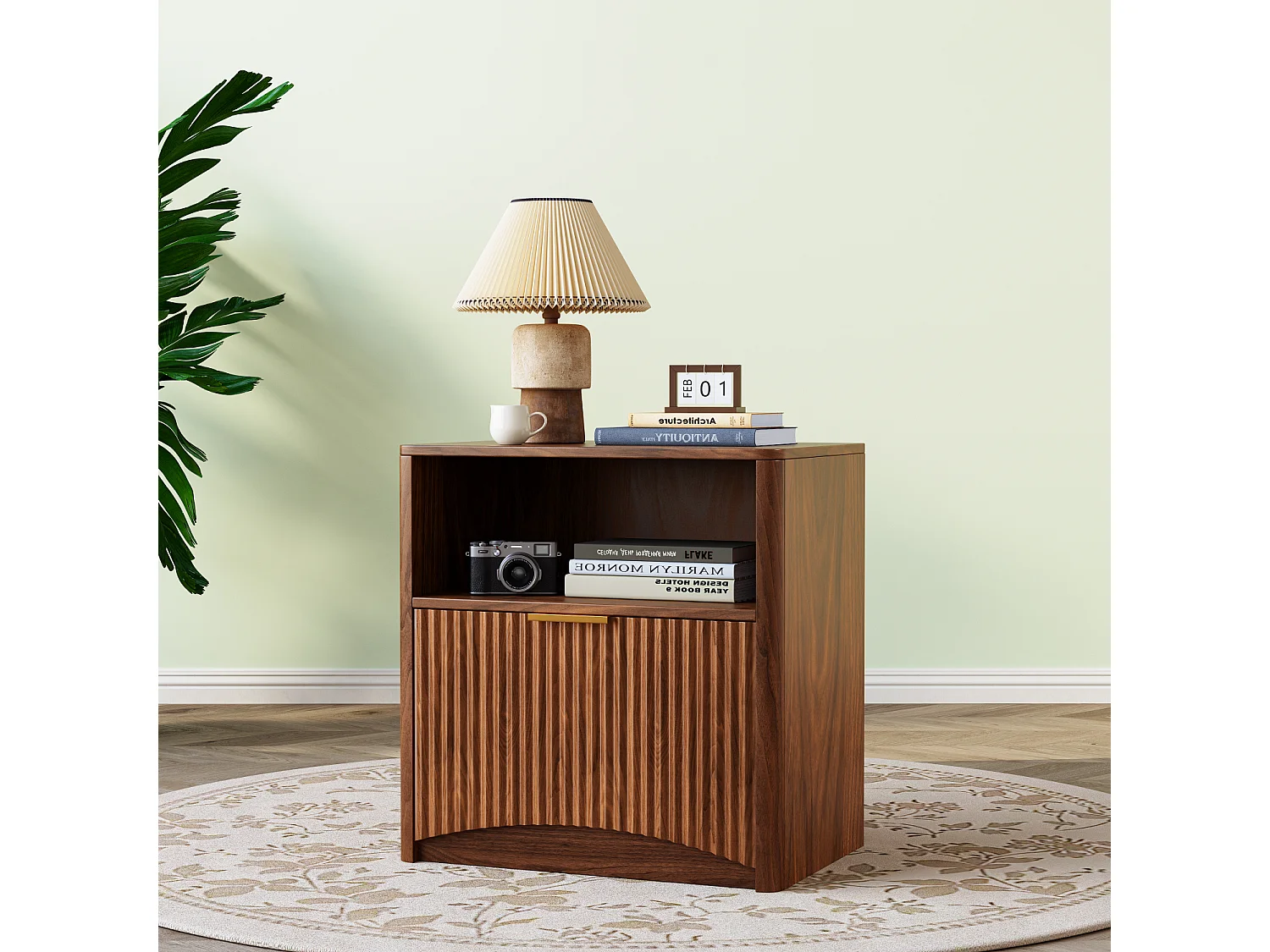 Mesita de noche con cajón y tirador de metal dorado - Color madera nogal