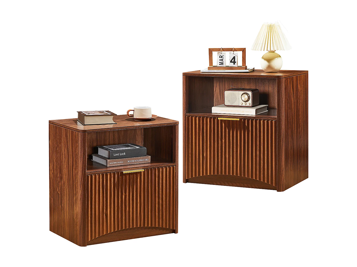 Mesita de noche con cajón y tirador de metal dorado - Color madera nogal