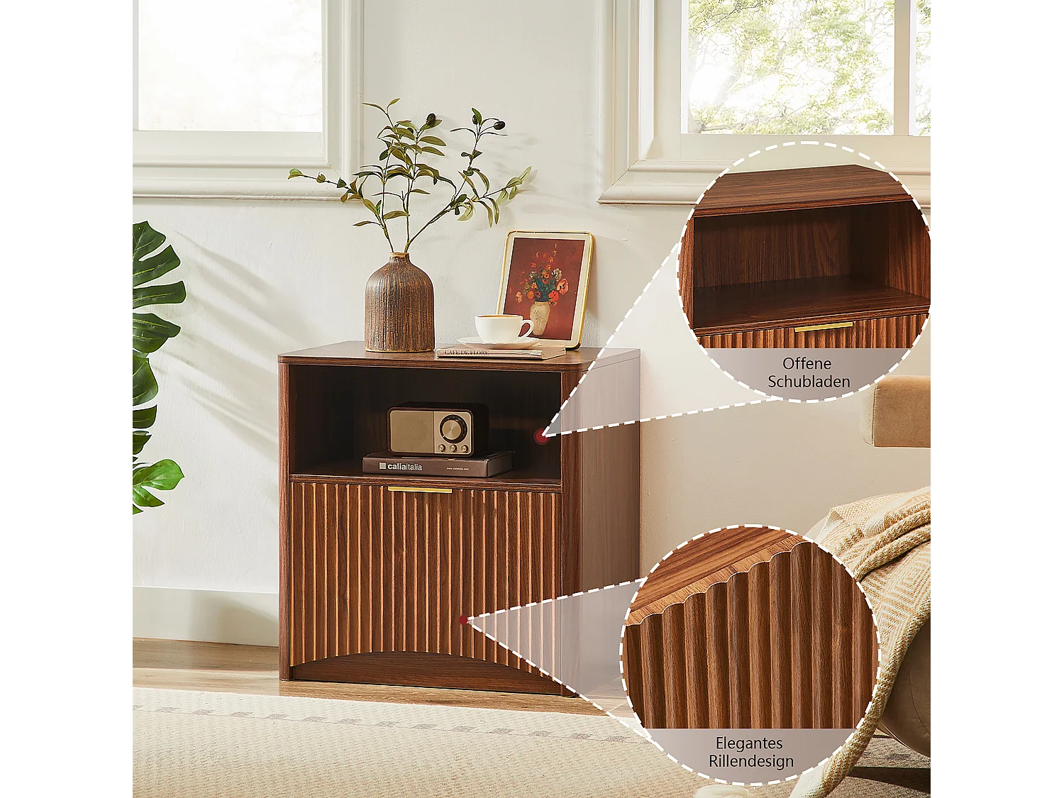 Mesita de noche con cajón y tirador de metal dorado - Color madera nogal