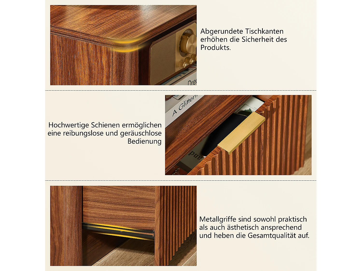 Mesita de noche con cajón y tirador de metal dorado - Color madera nogal