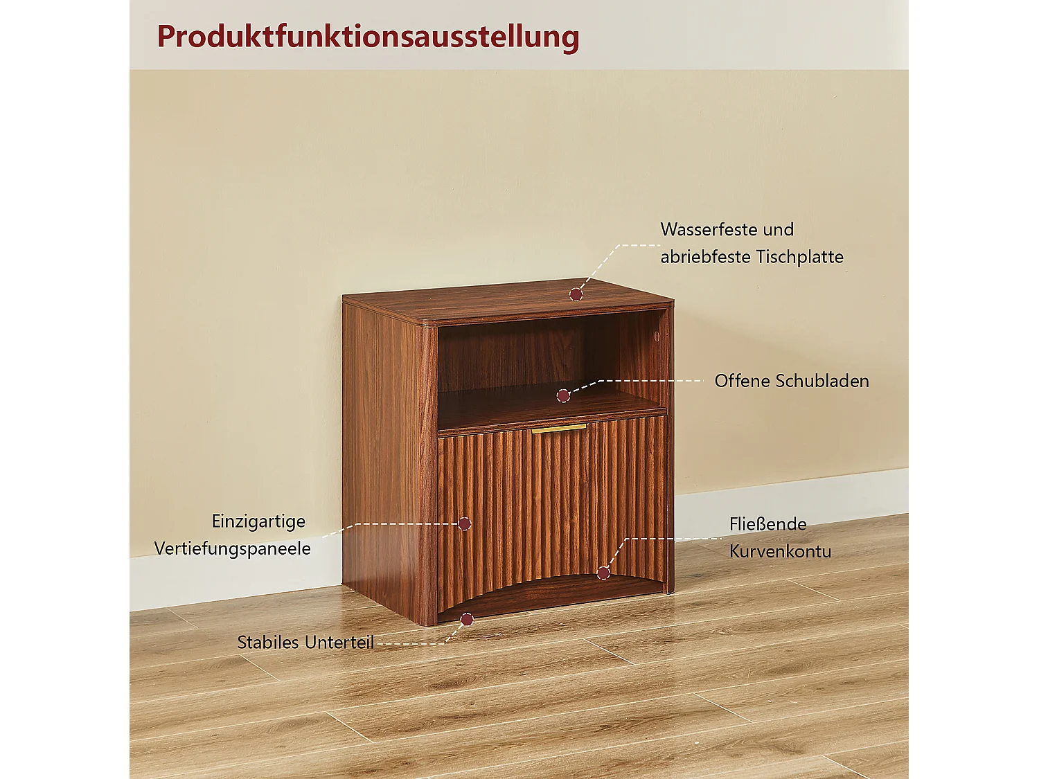 Mesita de noche con cajón y tirador de metal dorado - Color madera nogal