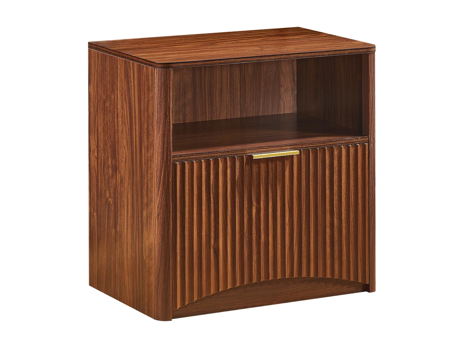 Mesita de noche con cajón y tirador de metal dorado - Color madera nogal