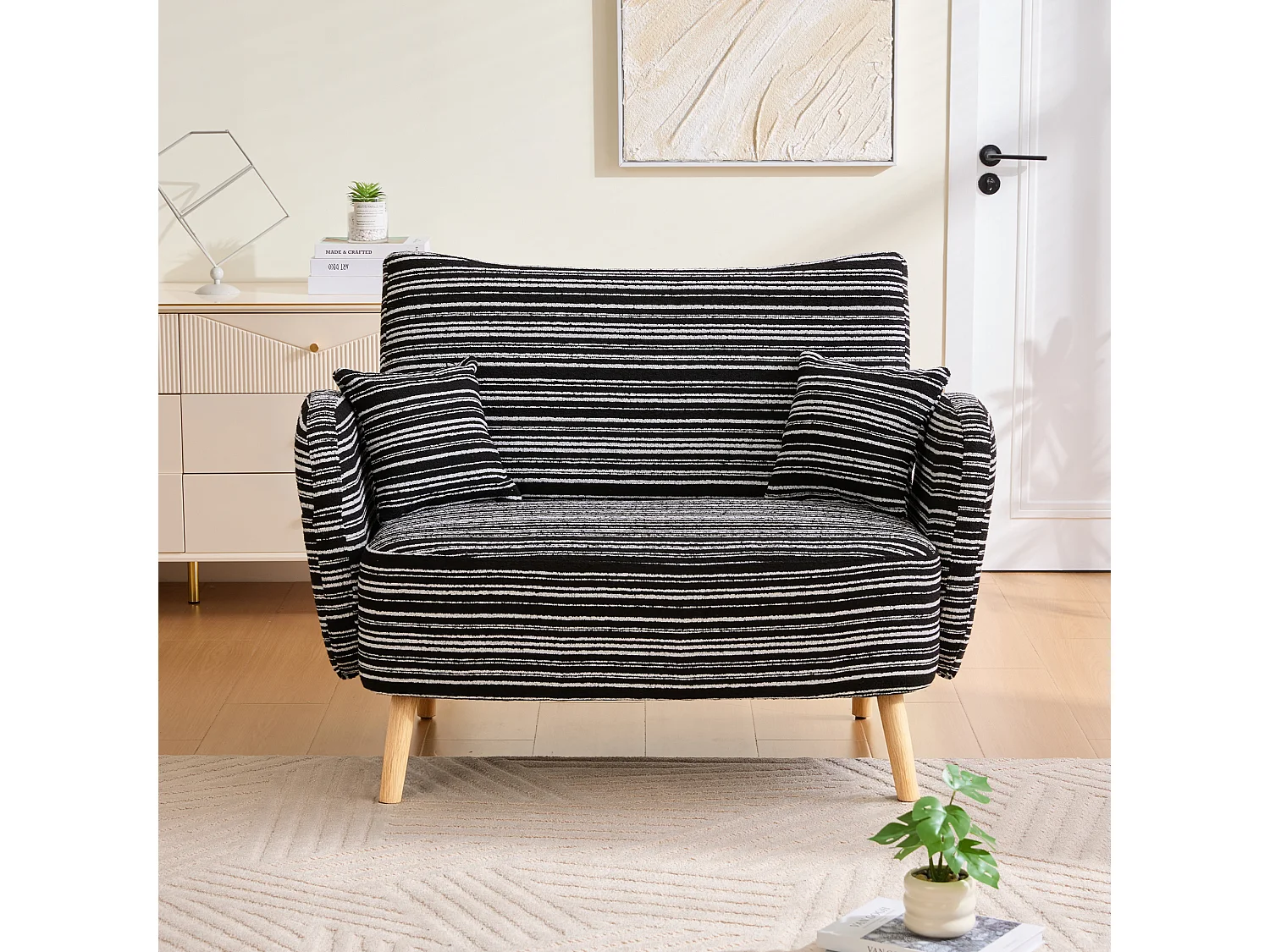 Sofá de dos plazas en tejido bouclé negro - Con bolsillos laterales y dos cojines