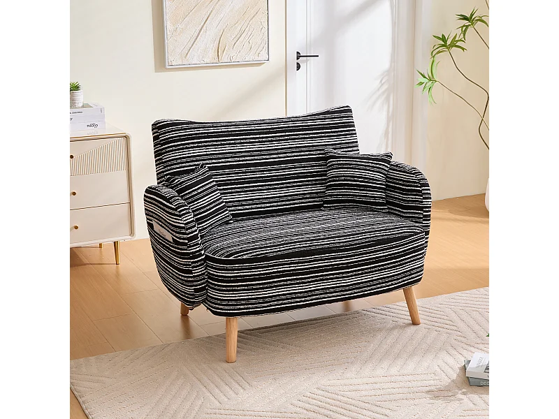 Sofá de dos plazas en tejido bouclé negro - Con bolsillos laterales y dos cojines