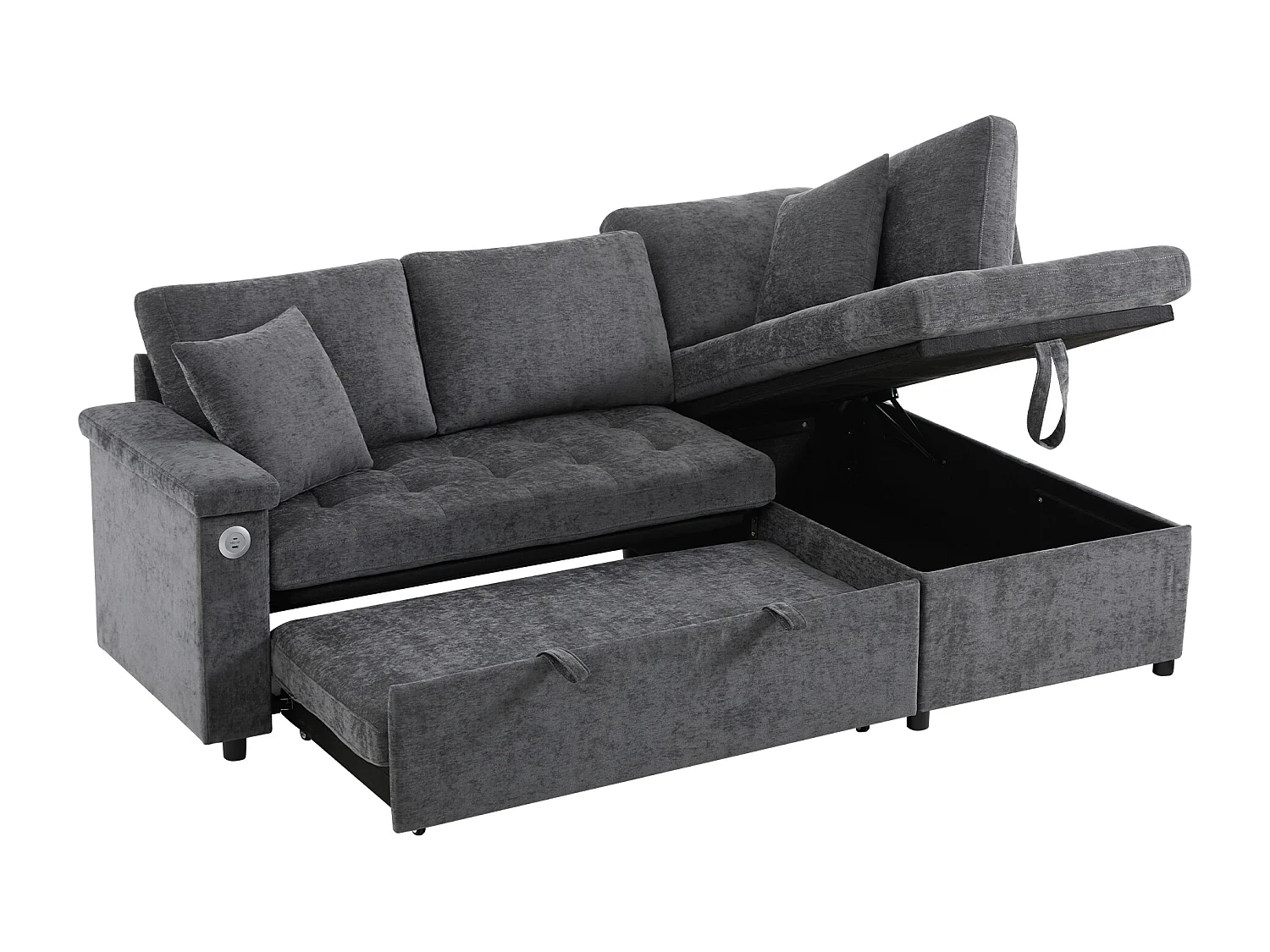 Canapé convertible 3 places avec rangements, USB et 2 coussins - Tissu chenille gris