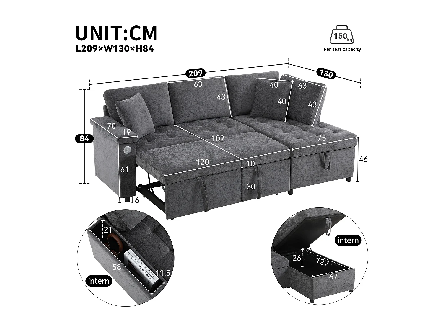 Canapé convertible 3 places avec rangements, USB et 2 coussins - Tissu chenille gris