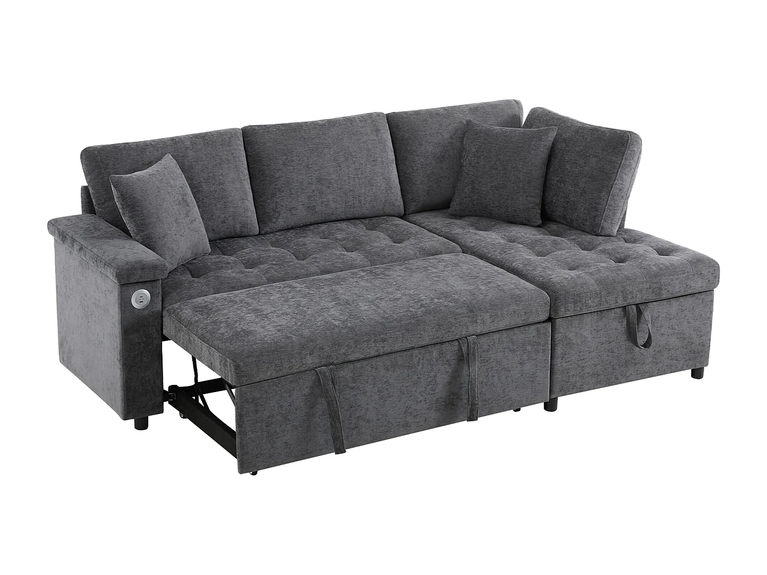 Canapé convertible 3 places avec rangements, USB et 2 coussins - Tissu chenille gris