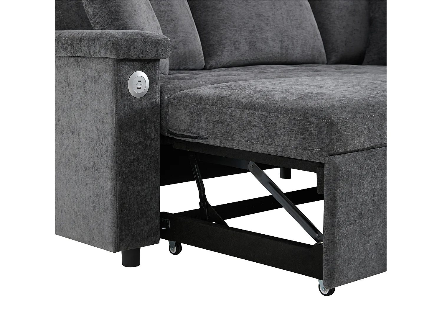 Canapé convertible 3 places avec rangements, USB et 2 coussins - Tissu chenille gris