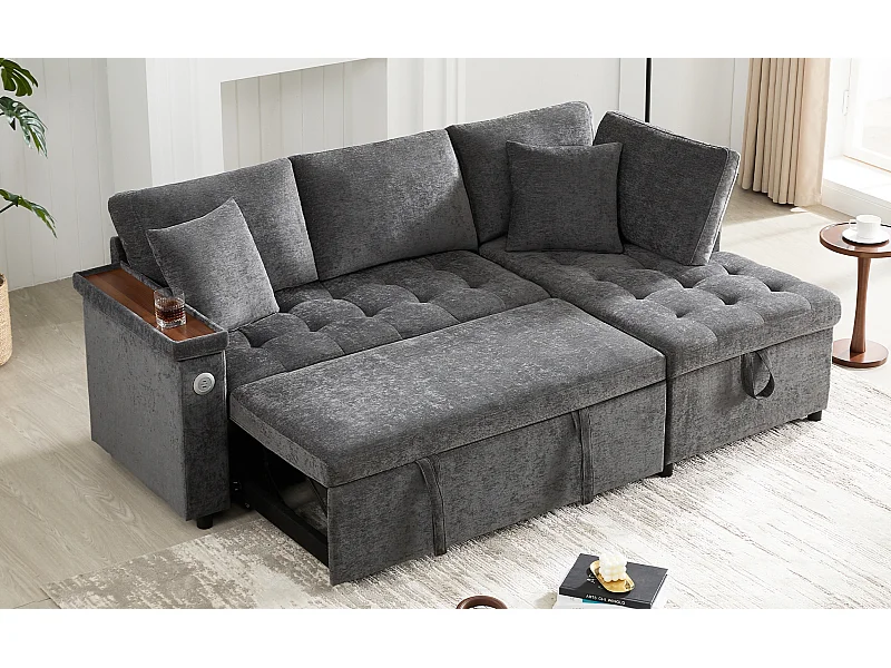 Canapé convertible 3 places avec rangements, USB et 2 coussins - Tissu chenille gris