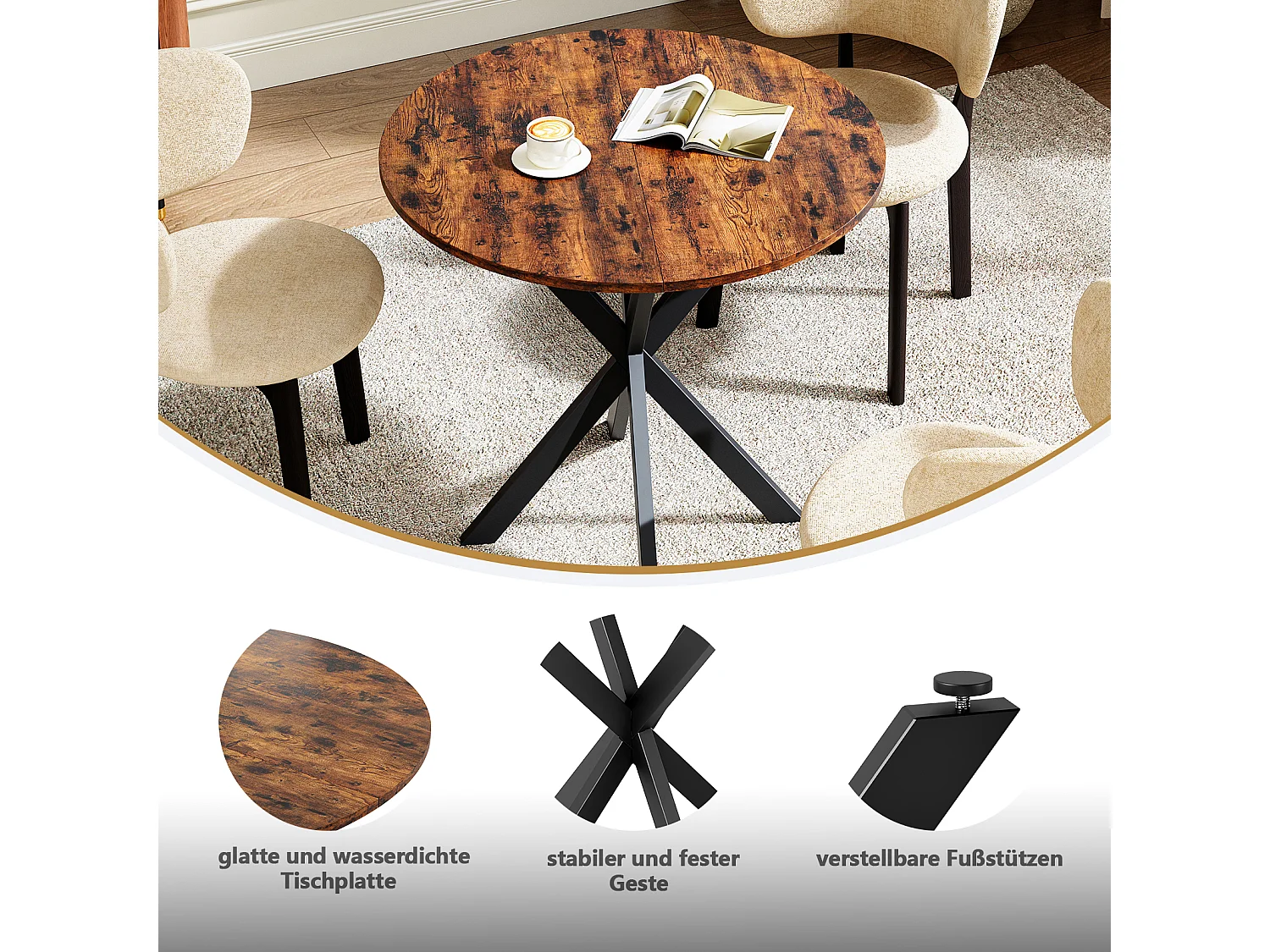 Ronde eettafel 80 cm - Vintage bruine kleur - Voor keuken en woonkamer