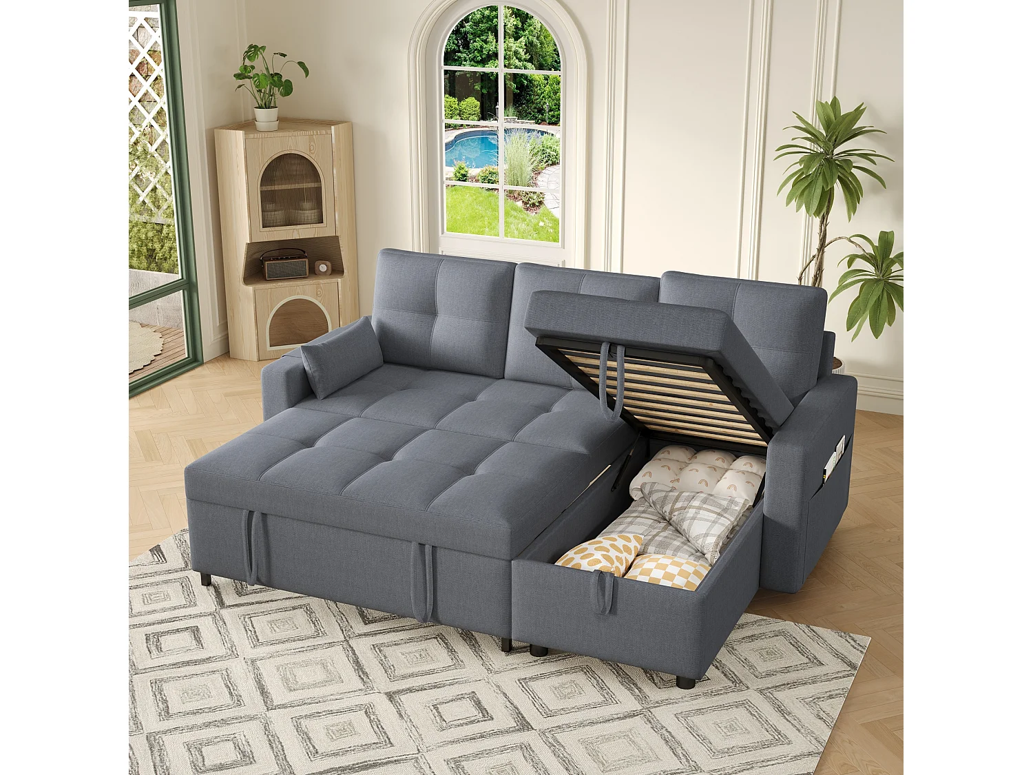 Canapé d’angle 3 places convertible en lin gris - Avec coffre rangements et porte-gobelets caché