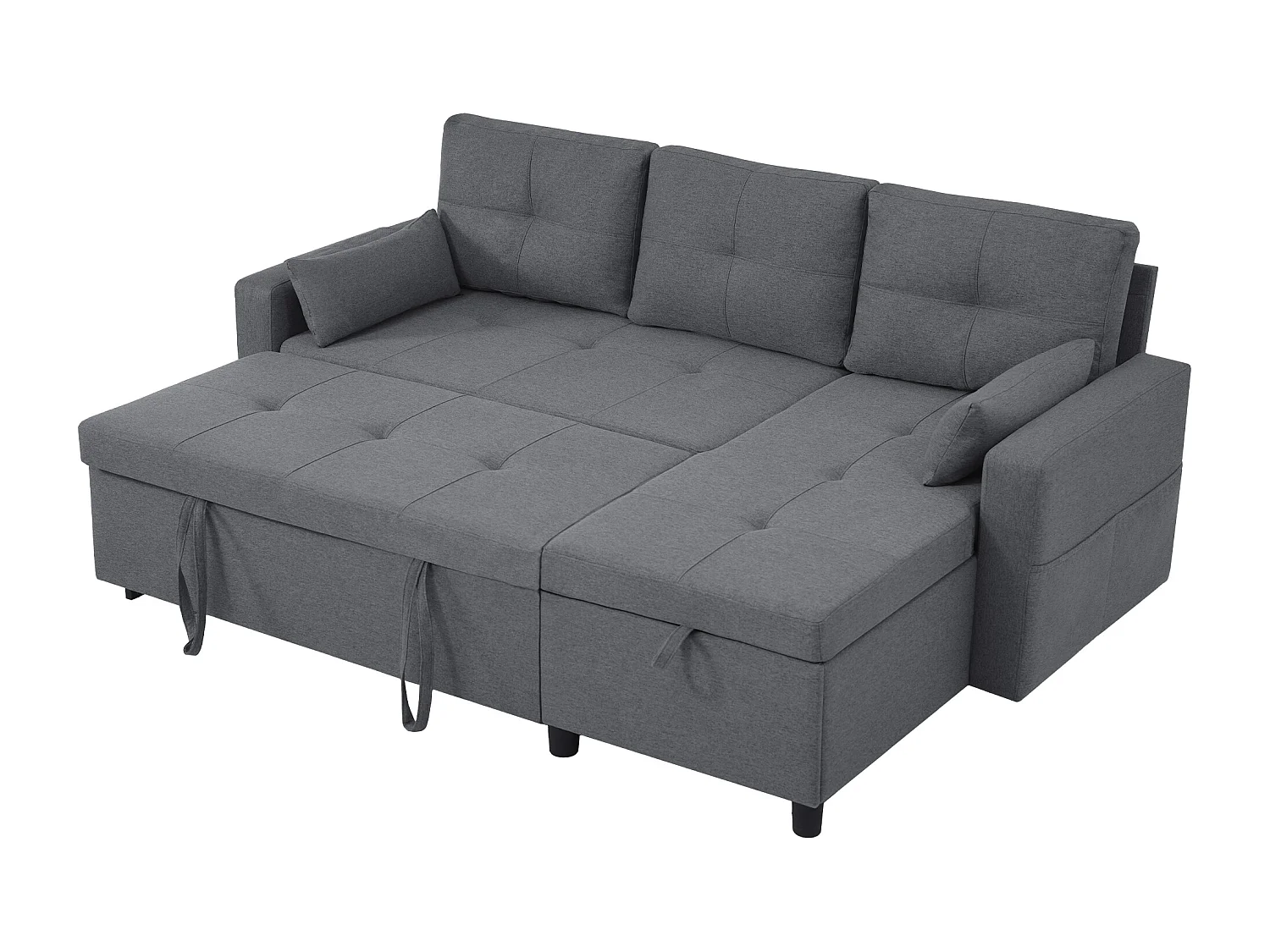 Canapé d’angle 3 places convertible en lin gris - Avec coffre rangements et porte-gobelets caché