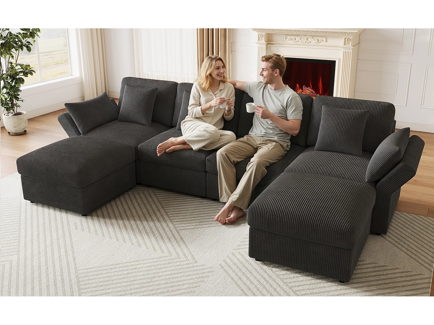 Canapé 6 places avec accoudoirs réglables et 2 poufs - Tissu velours côtelé gris