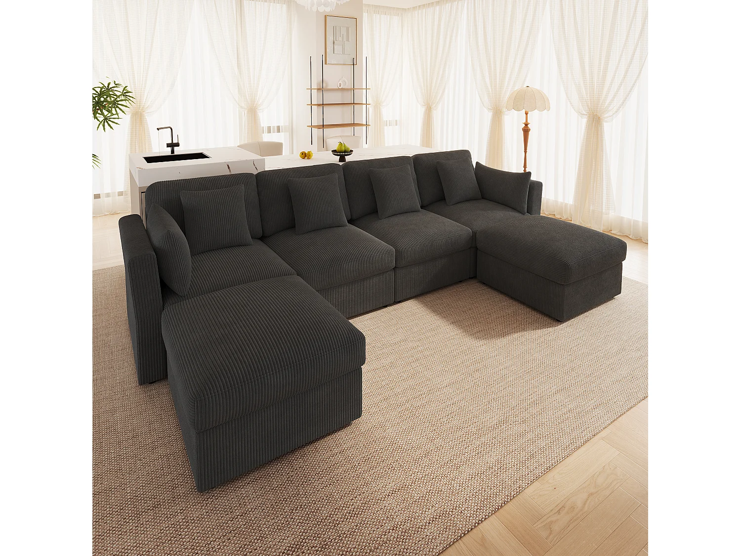 Canapé 6 places avec accoudoirs réglables et 2 poufs - Tissu velours côtelé gris