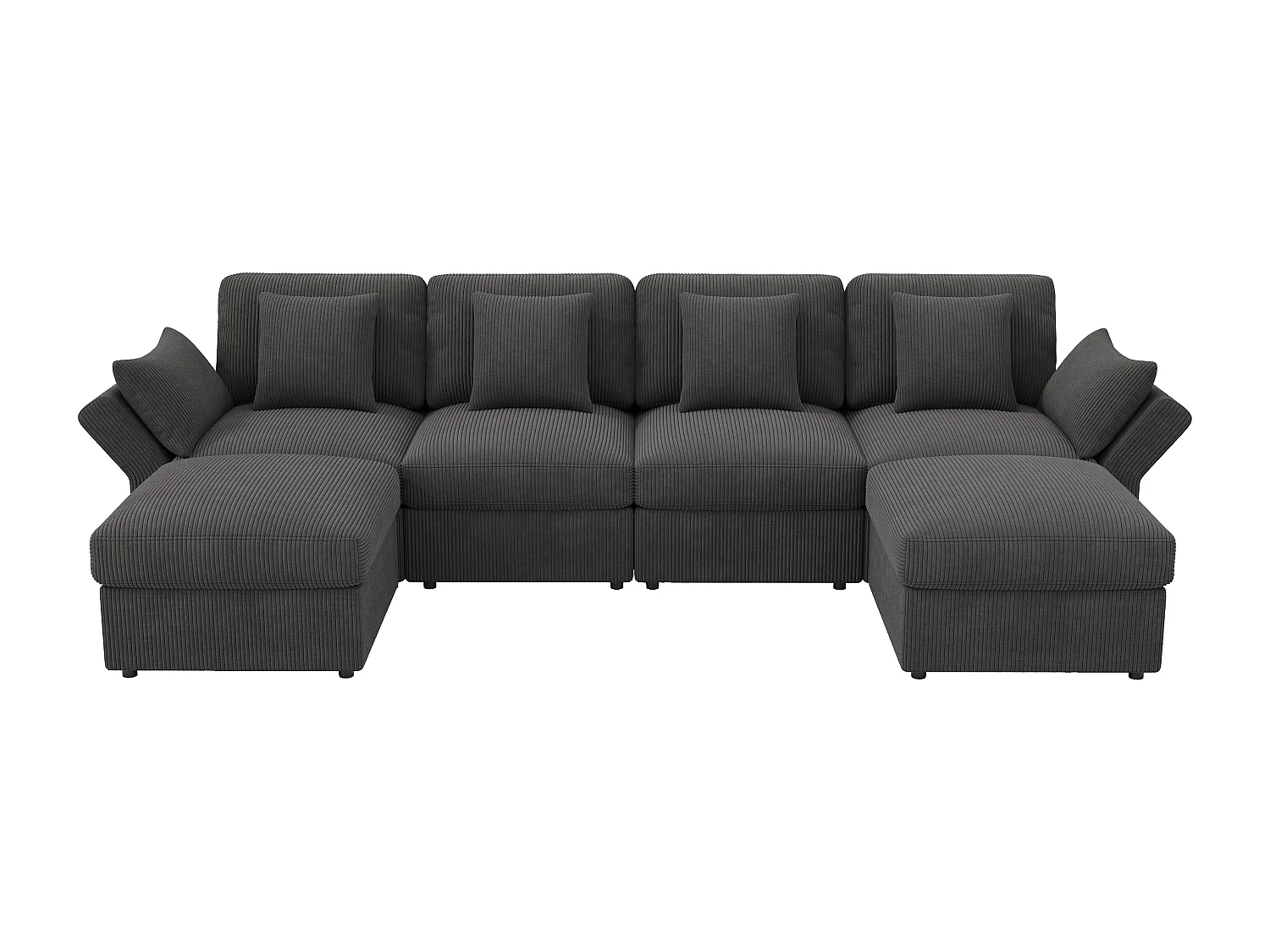 Canapé 6 places avec accoudoirs réglables et 2 poufs - Tissu velours côtelé gris