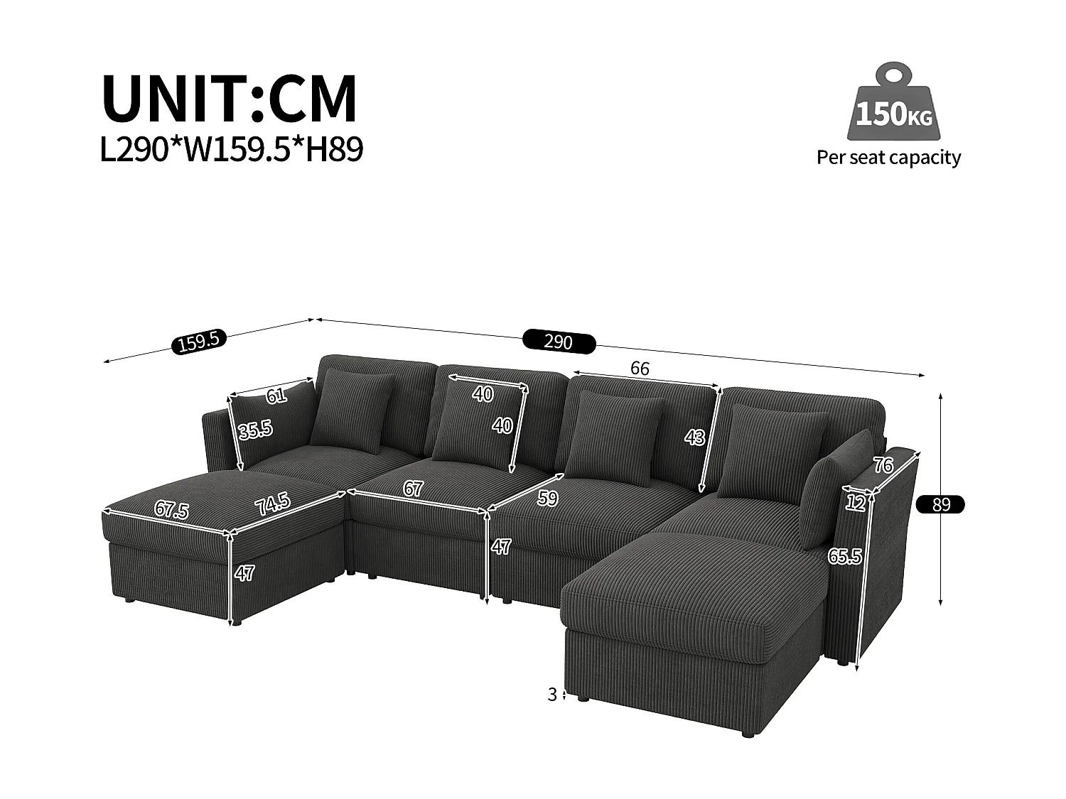 Canapé 6 places avec accoudoirs réglables et 2 poufs - Tissu velours côtelé gris