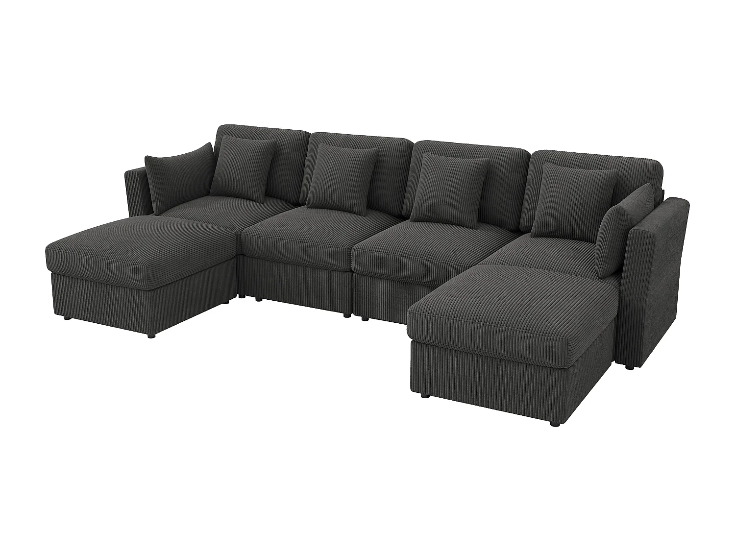 Canapé 6 places avec accoudoirs réglables et 2 poufs - Tissu velours côtelé gris