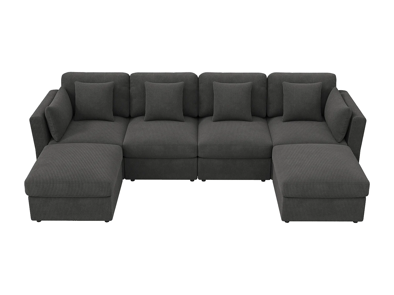 Canapé 6 places avec accoudoirs réglables et 2 poufs - Tissu velours côtelé gris