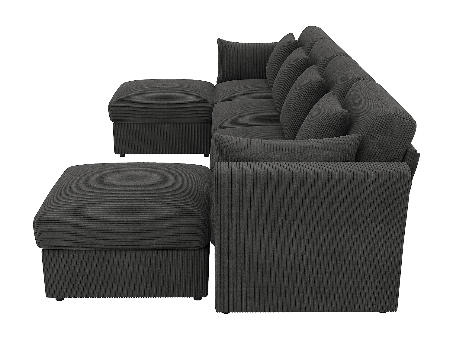 Canapé 6 places avec accoudoirs réglables et 2 poufs - Tissu velours côtelé gris