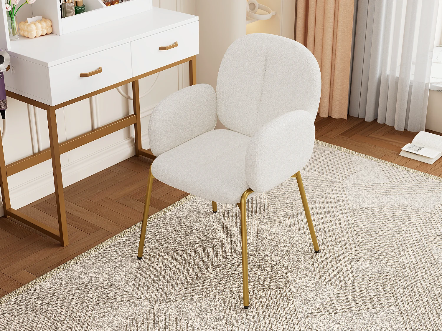 Silla con patas de metal dorado - Tela Teddy Beige