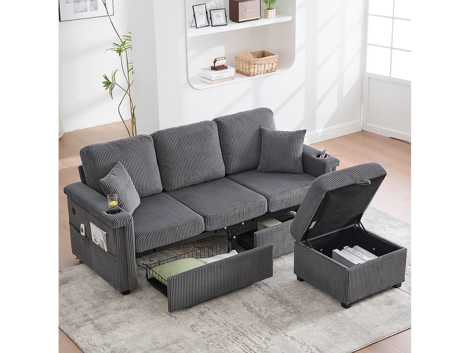 Canapé d'angle 3 places en velours côtelé gris foncé - Avec LED, ports USB/Type-C et 2 tiroirs