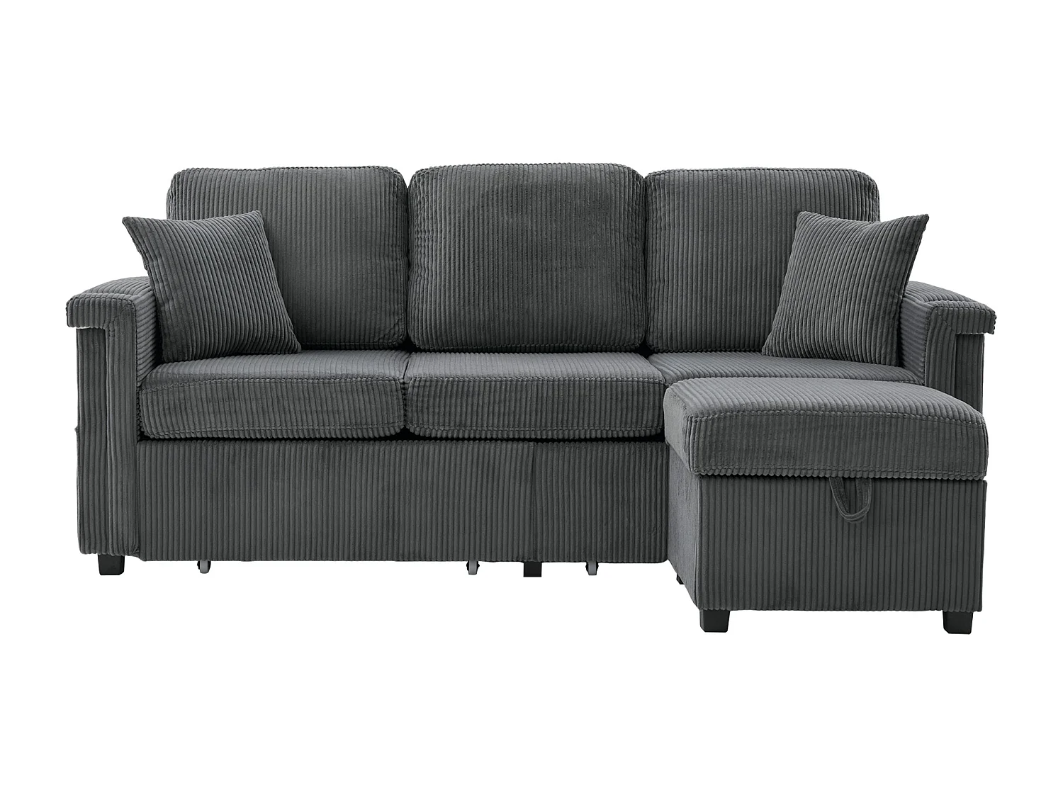 Canapé d'angle 3 places en velours côtelé gris foncé - Avec LED, ports USB/Type-C et 2 tiroirs