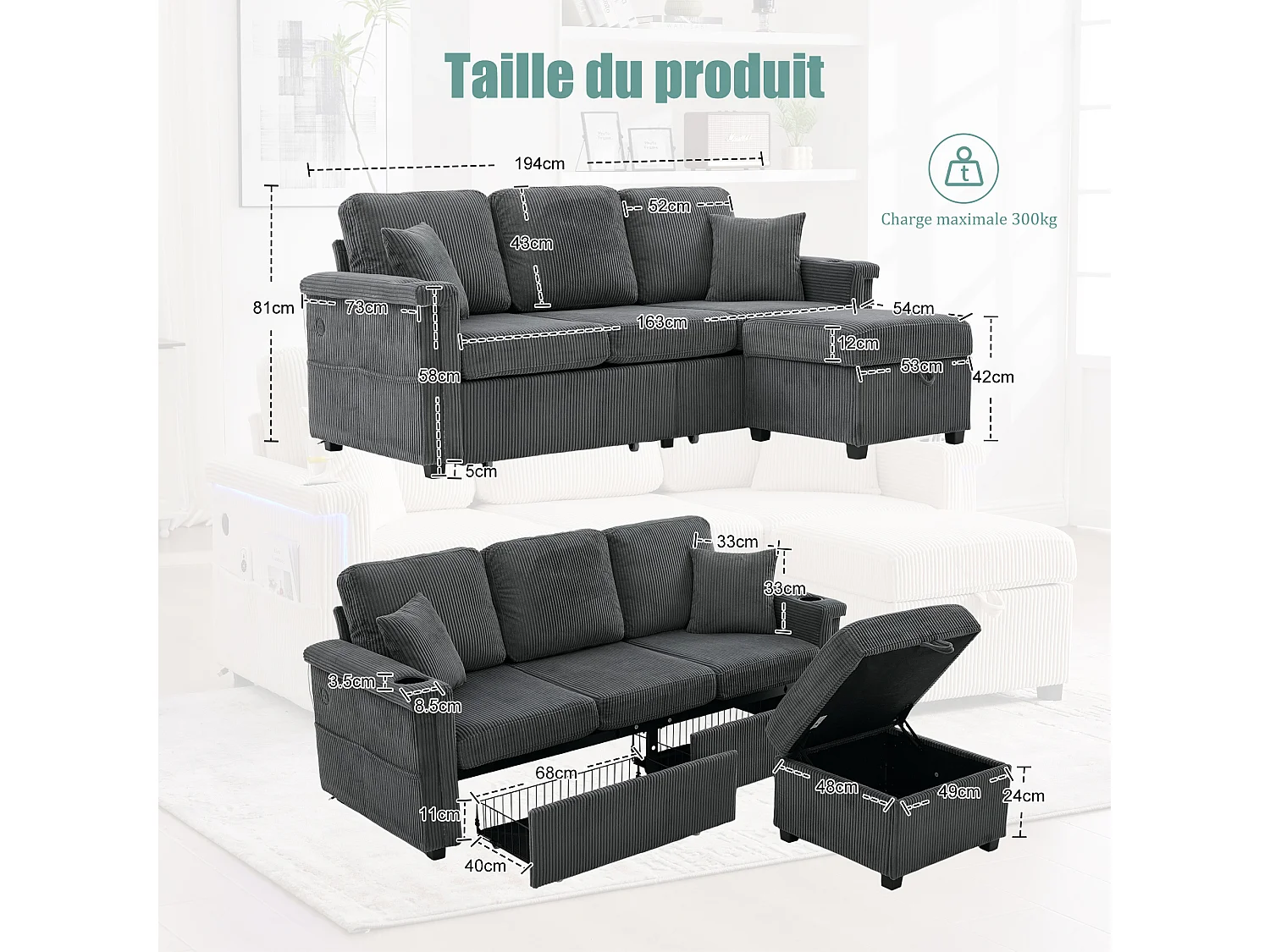 Canapé d'angle 3 places en velours côtelé gris foncé - Avec LED, ports USB/Type-C et 2 tiroirs