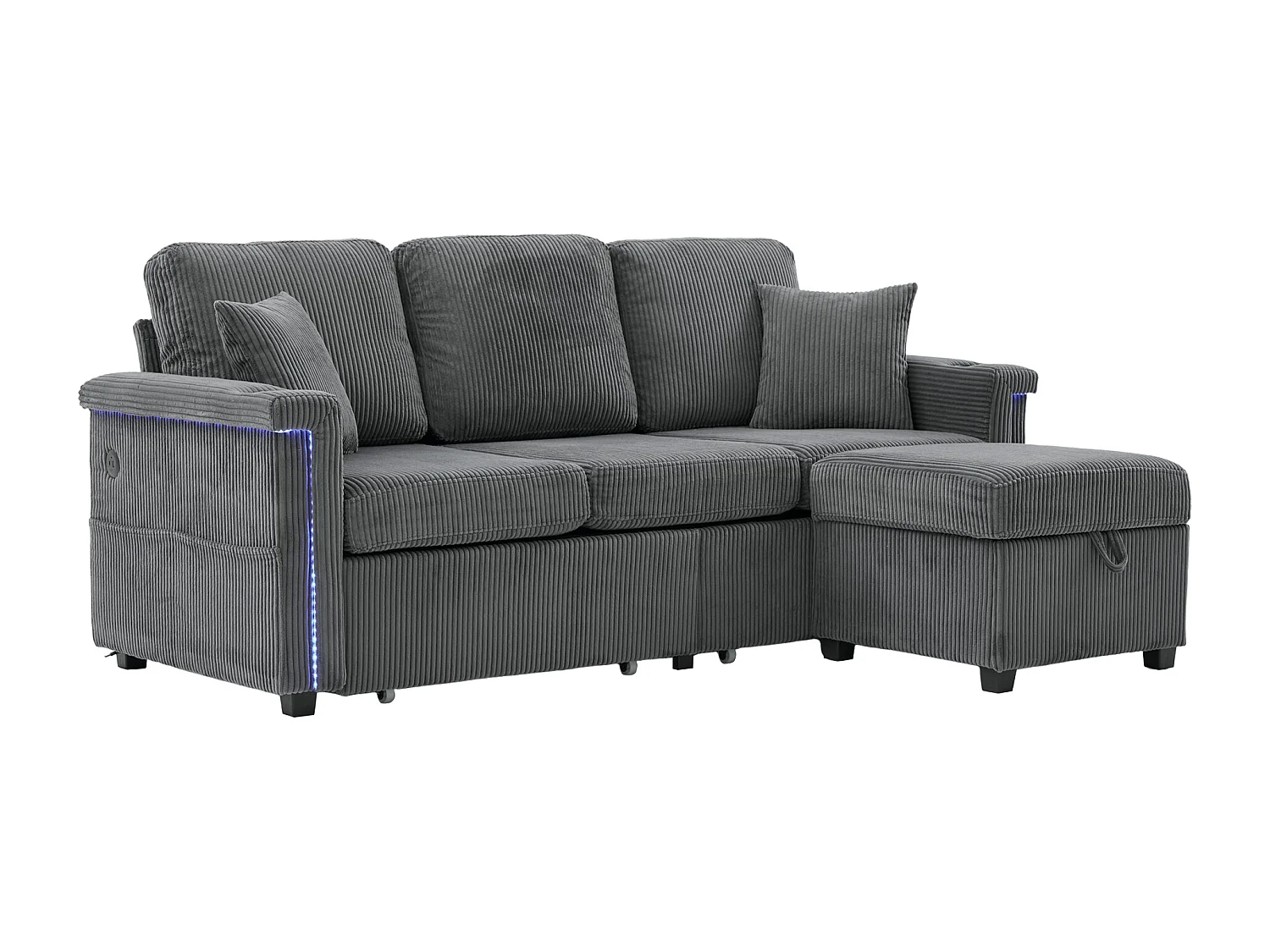 Canapé d'angle 3 places en velours côtelé gris foncé - Avec LED, ports USB/Type-C et 2 tiroirs