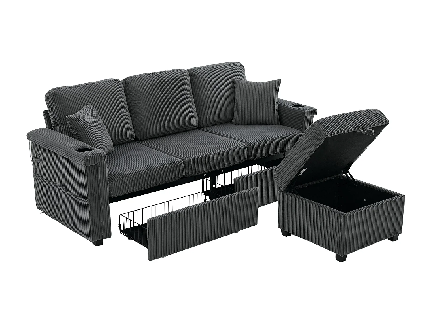 Canapé d'angle 3 places en velours côtelé gris foncé - Avec LED, ports USB/Type-C et 2 tiroirs