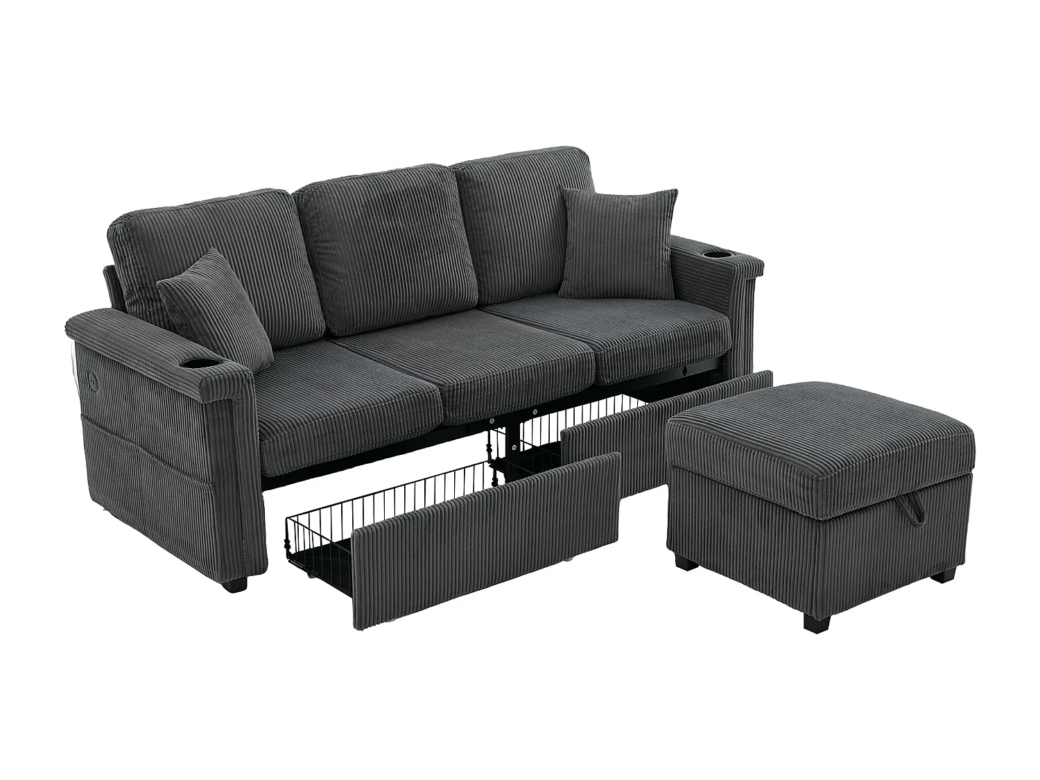 Canapé d'angle 3 places en velours côtelé gris foncé - Avec LED, ports USB/Type-C et 2 tiroirs