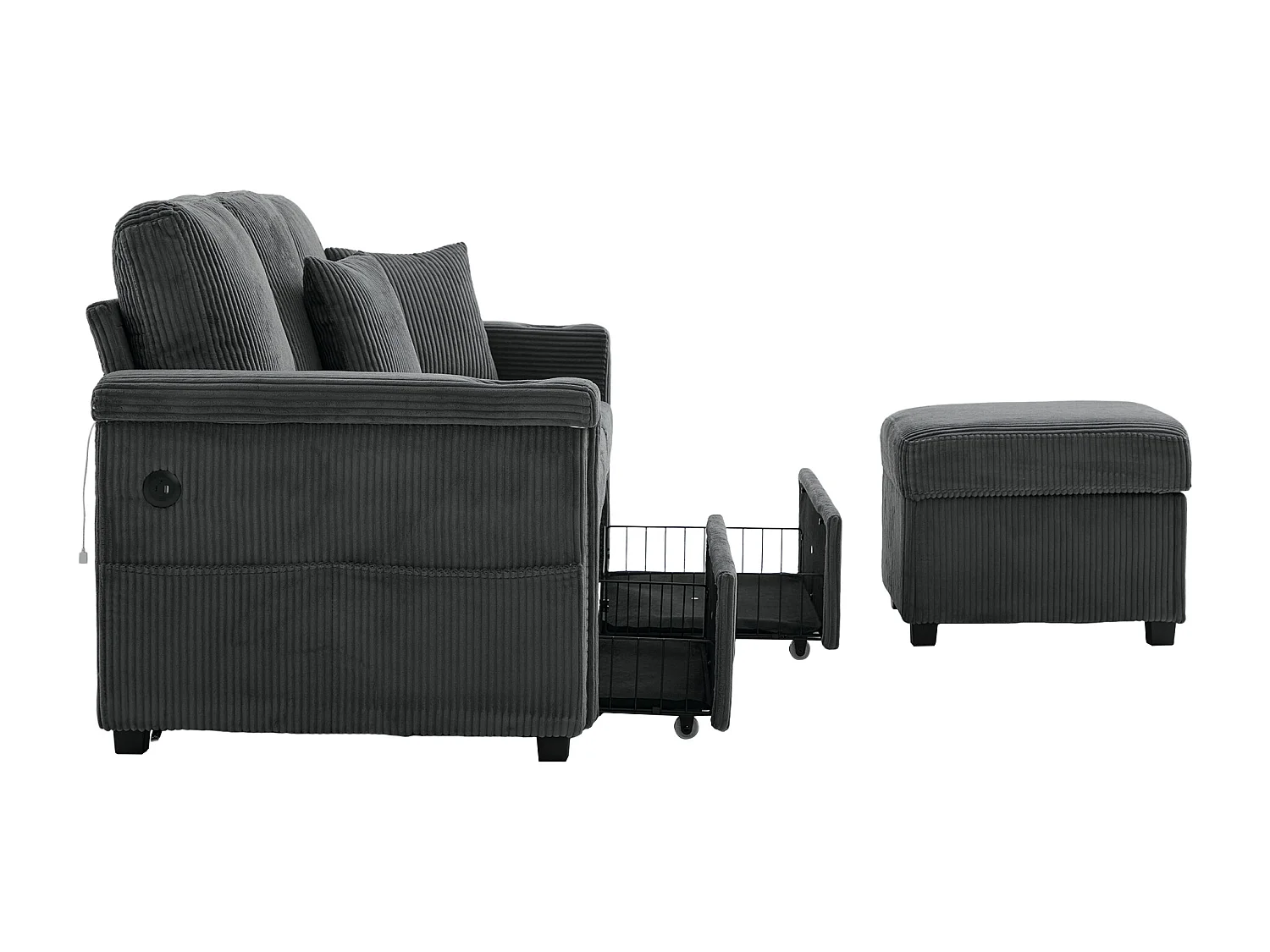 Canapé d'angle 3 places en velours côtelé gris foncé - Avec LED, ports USB/Type-C et 2 tiroirs