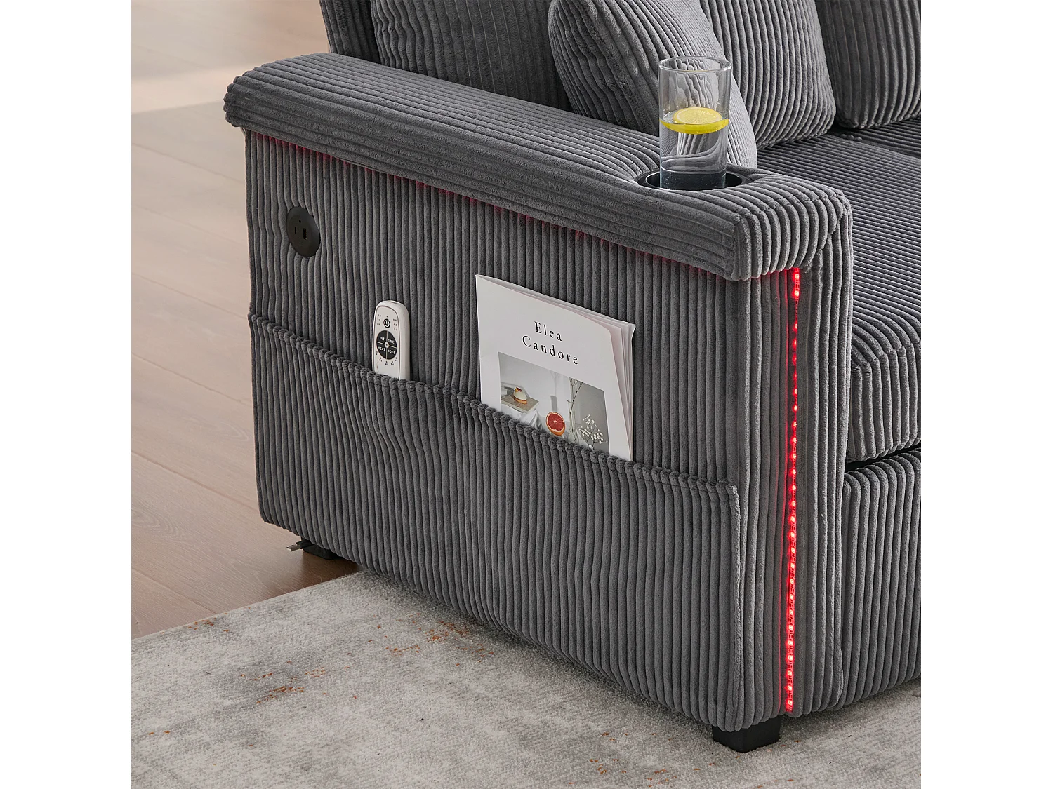 Canapé d'angle 3 places en velours côtelé gris foncé - Avec LED, ports USB/Type-C et 2 tiroirs