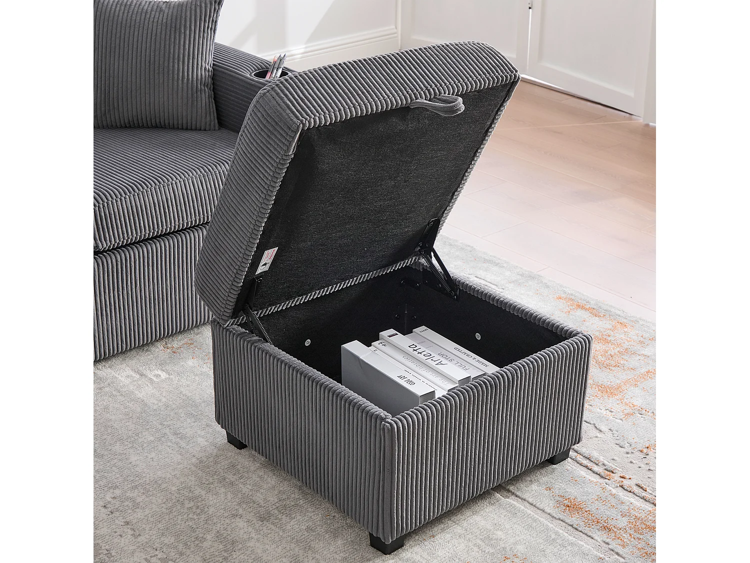 Canapé d'angle 3 places en velours côtelé gris foncé - Avec LED, ports USB/Type-C et 2 tiroirs