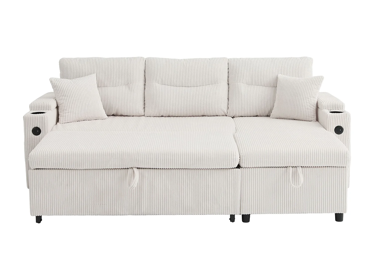 Canapé convertible 3 places en velours côtelé beige - Rangement, porte-gobelets et port USB-C