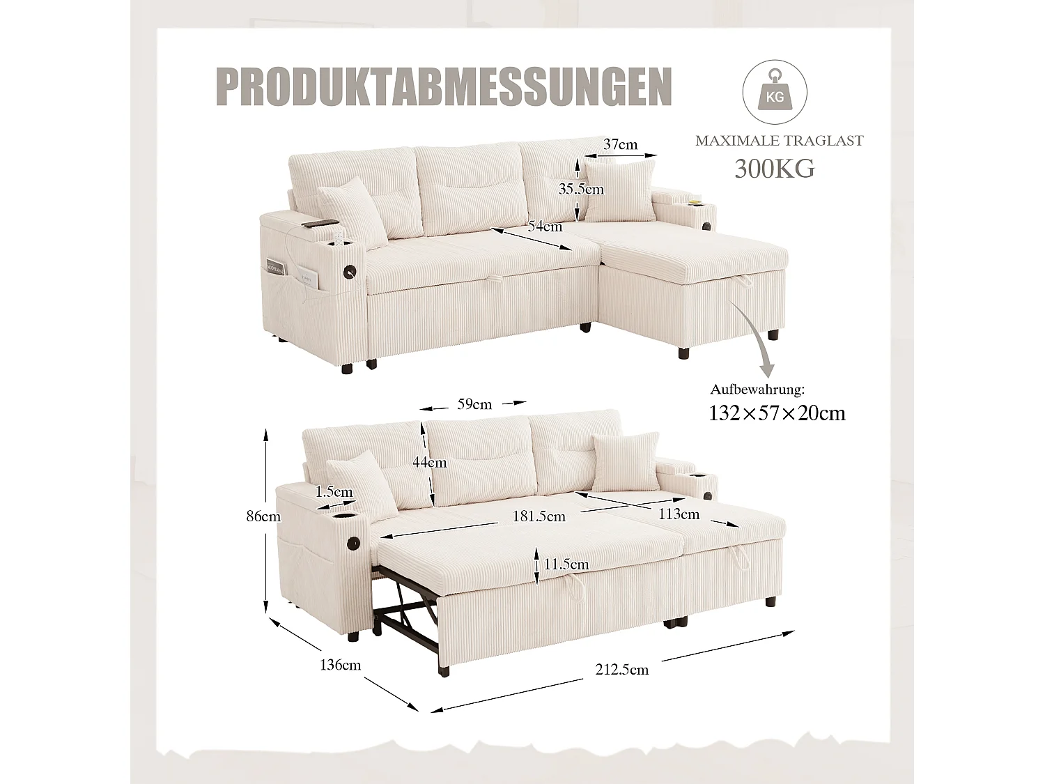 Canapé convertible 3 places en velours côtelé beige - Rangement, porte-gobelets et port USB-C