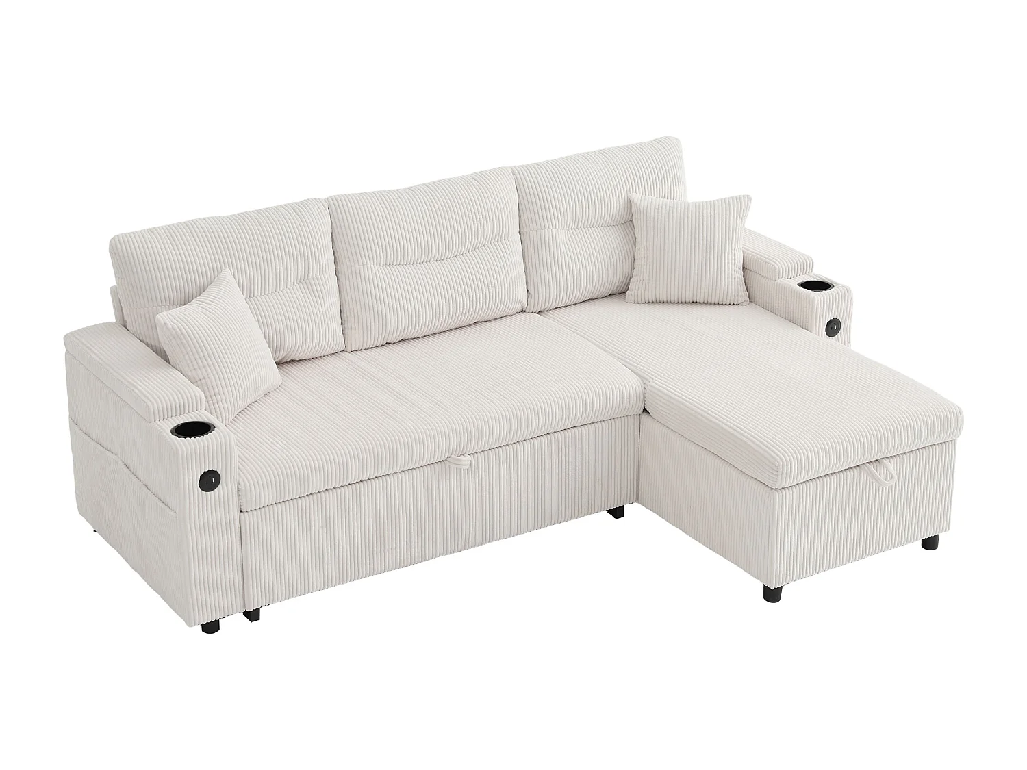 Canapé convertible 3 places en velours côtelé beige - Rangement, porte-gobelets et port USB-C