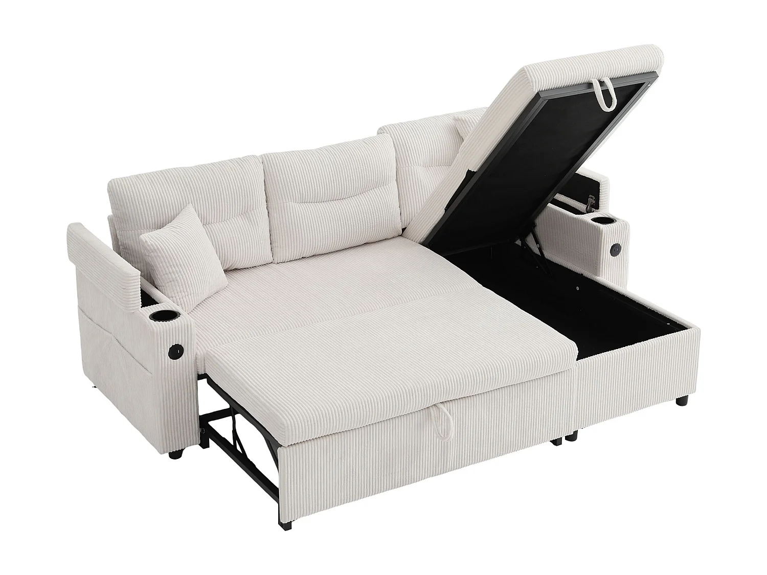 Canapé convertible 3 places en velours côtelé beige - Rangement, porte-gobelets et port USB-C