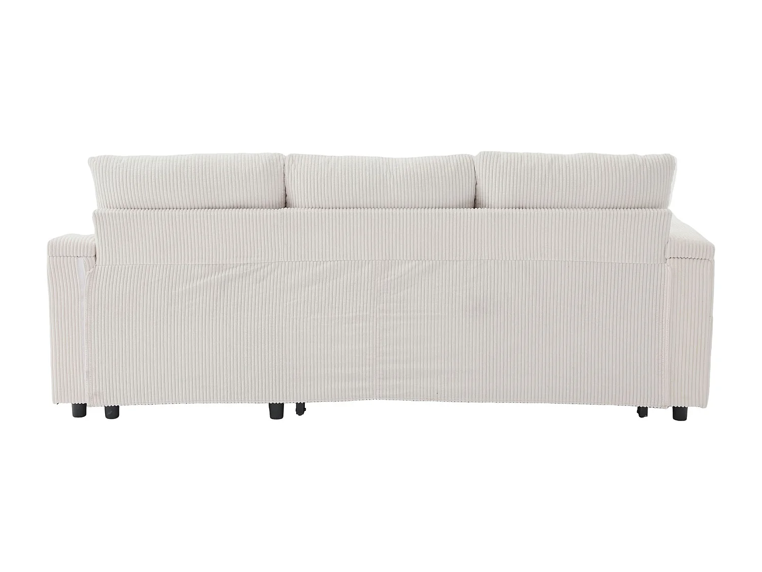 Canapé convertible 3 places en velours côtelé beige - Rangement, porte-gobelets et port USB-C