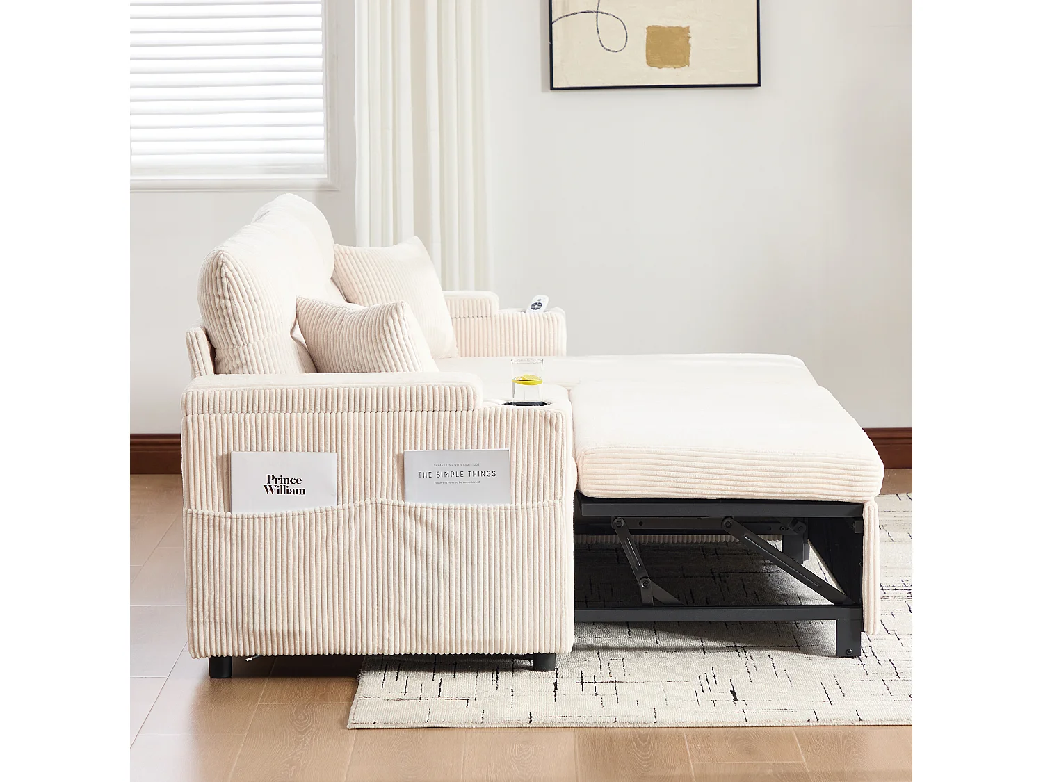 Canapé convertible 3 places en velours côtelé beige - Rangement, porte-gobelets et port USB-C