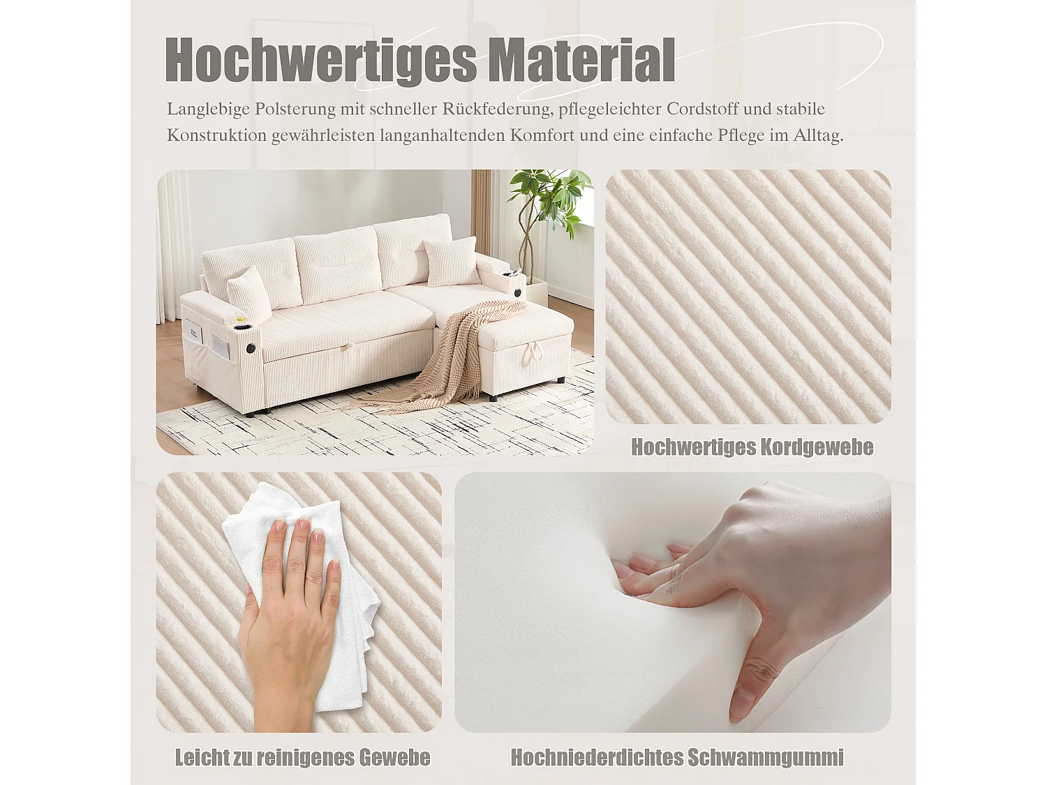 Canapé convertible 3 places en velours côtelé beige - Rangement, porte-gobelets et port USB-C