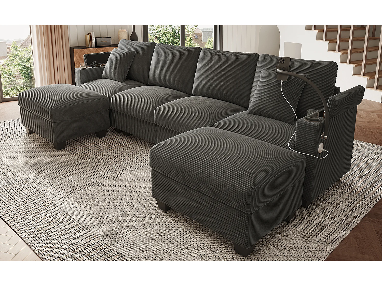 Canapé 6 places avec 2 poufs et rangement - Velours côtelé gris