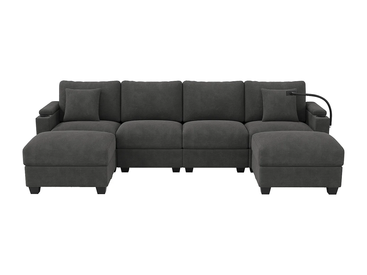 Canapé 6 places avec 2 poufs et rangement - Velours côtelé gris