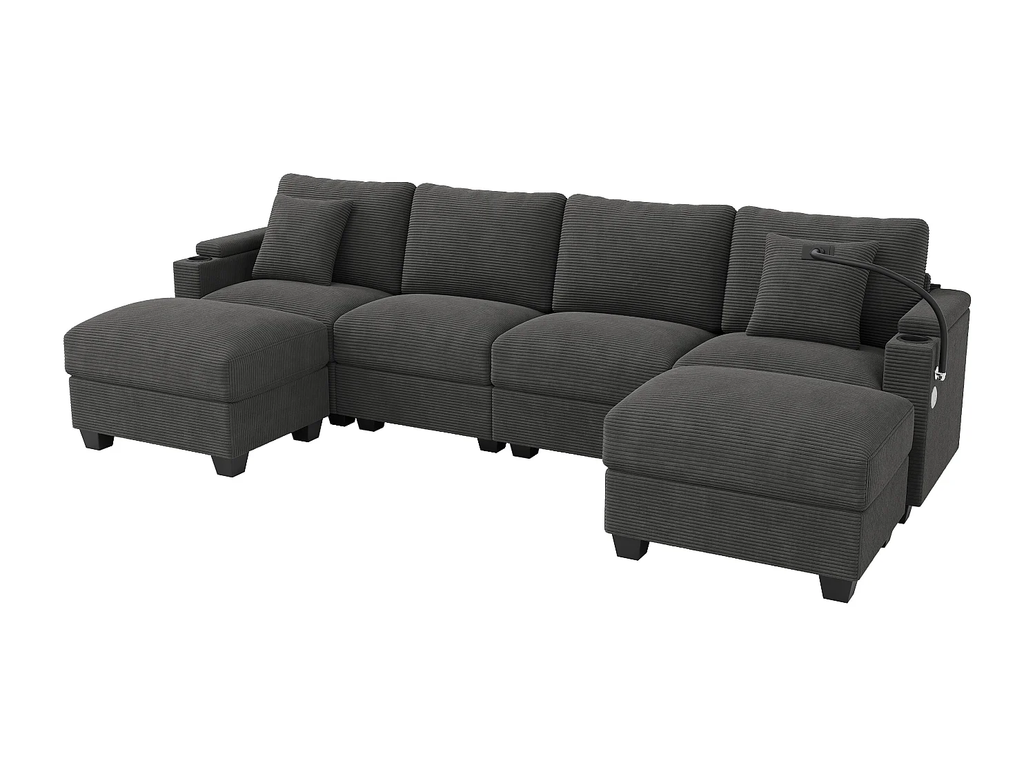 Canapé 6 places avec 2 poufs et rangement - Velours côtelé gris